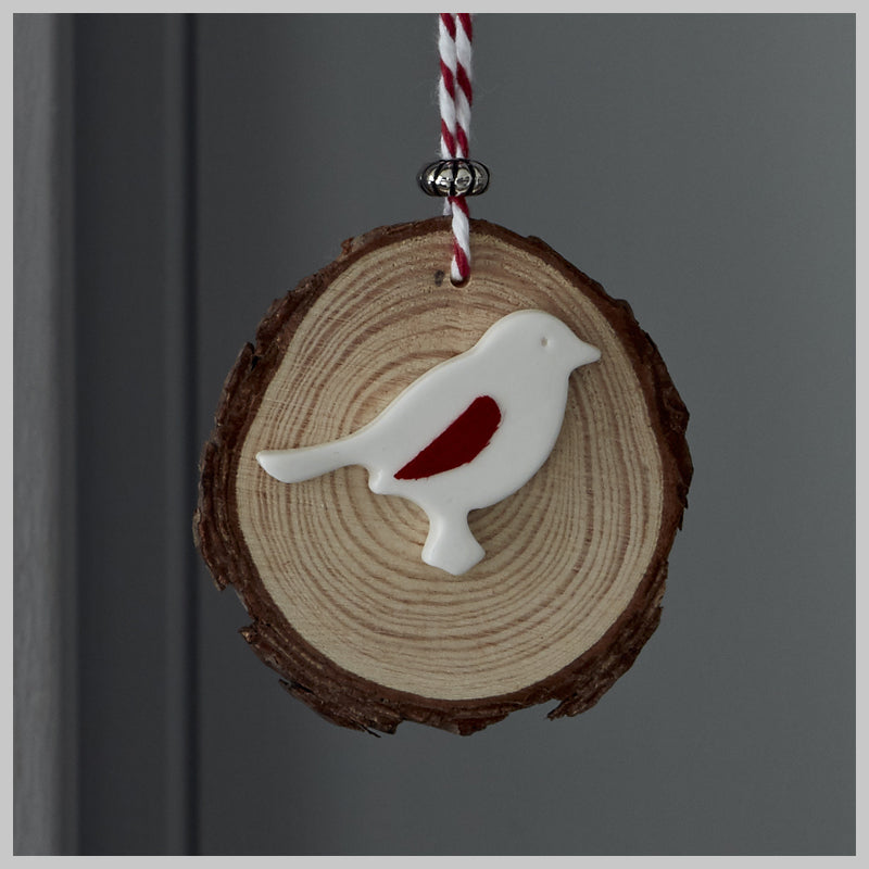 Rustic wooden disc with ceramic detailing Christmas Decorations