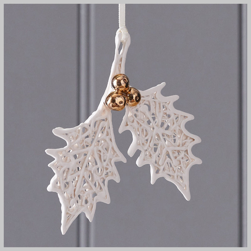 Tangled Holly Leaf with Gold Lustre Berries Ceramic Hanging Decoration